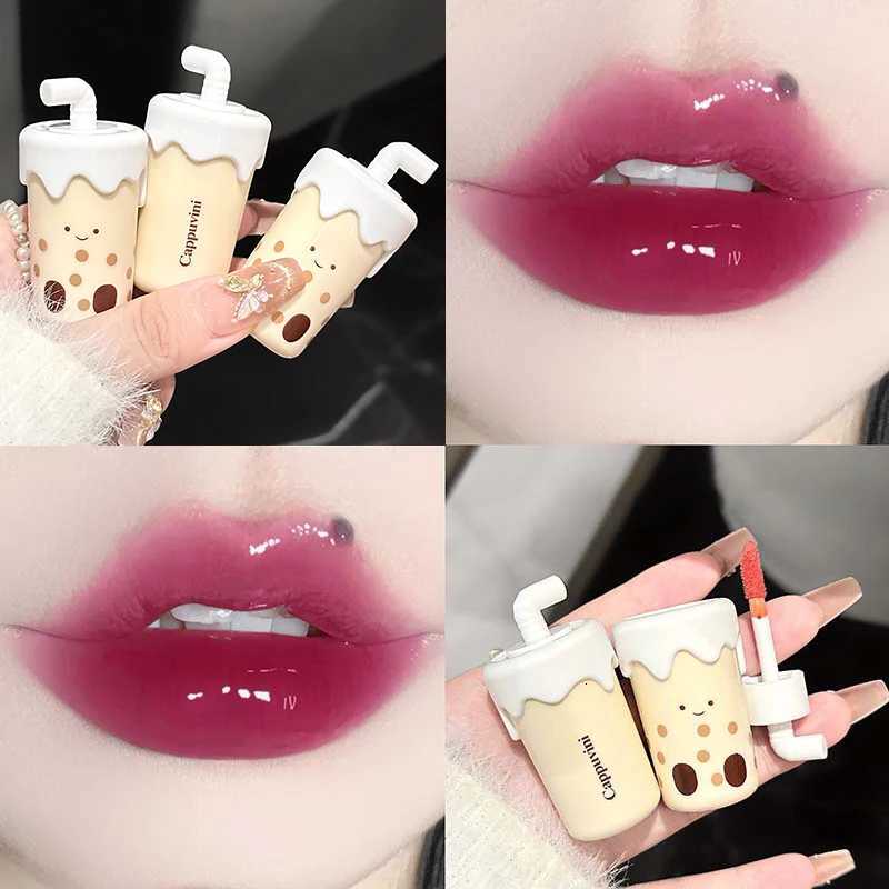 Milk Tea Cup Lip Gloss Mirror Water Lip Glaze Jelly Moisturizing Cute Mirror Lipstick Waterproof Non-stick Cup Lip Korean MakeupT251222