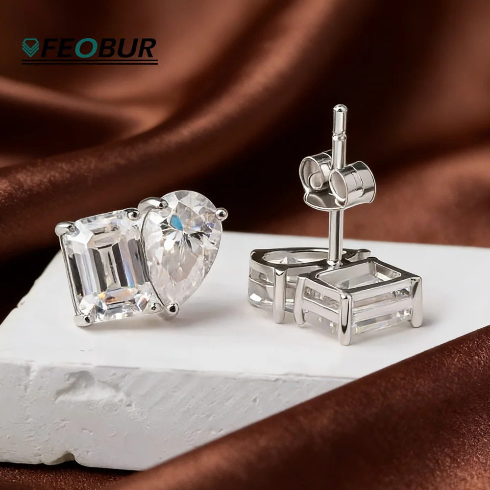 FEOBUR 4cttw Two Stone Stud Earrings 925 Sterling Silver Pear Emerald Lab Diamond Ear Studs Women Wedding Jewelry 251215