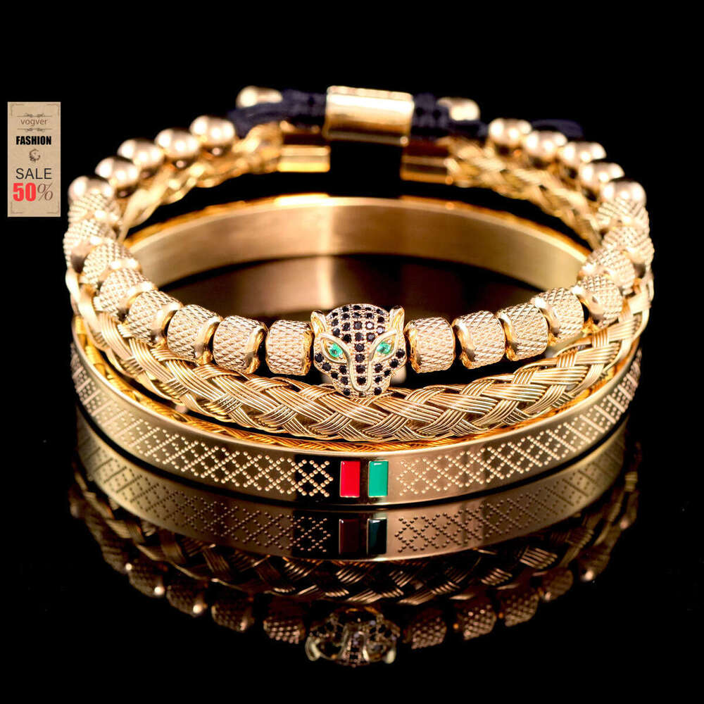 Men Women Punk Style Bracelet Set European American Hot-Selling Stainless Steel Roman Leopard Head Crown Braided Jewelry for Party Streetwear