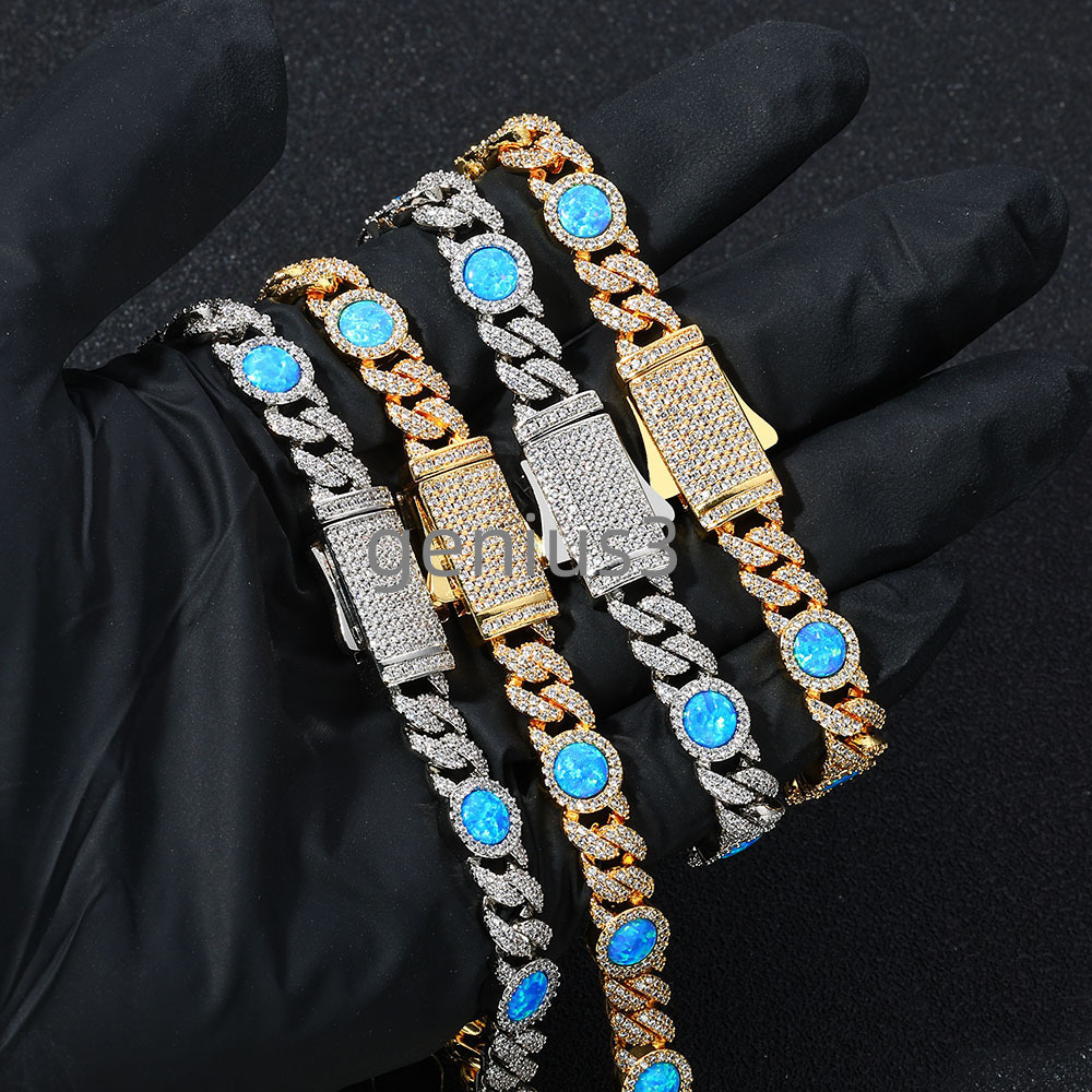 New Style 8mm 18K Gold Plated Cuban Chain Bracelet Round Blue Opal Customized Size Cuban Chain Hip Hop Jewelry for Women