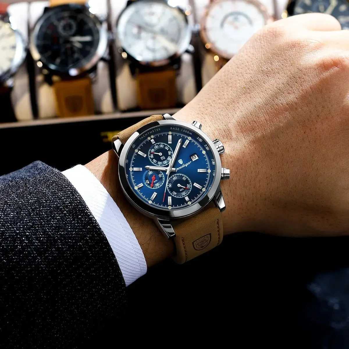 POEDAGAR Genuine Leather Mens Fashion Luminous Cndar Stop M Clock Waterproof Moon Phase Quartz Wrist Man M251222