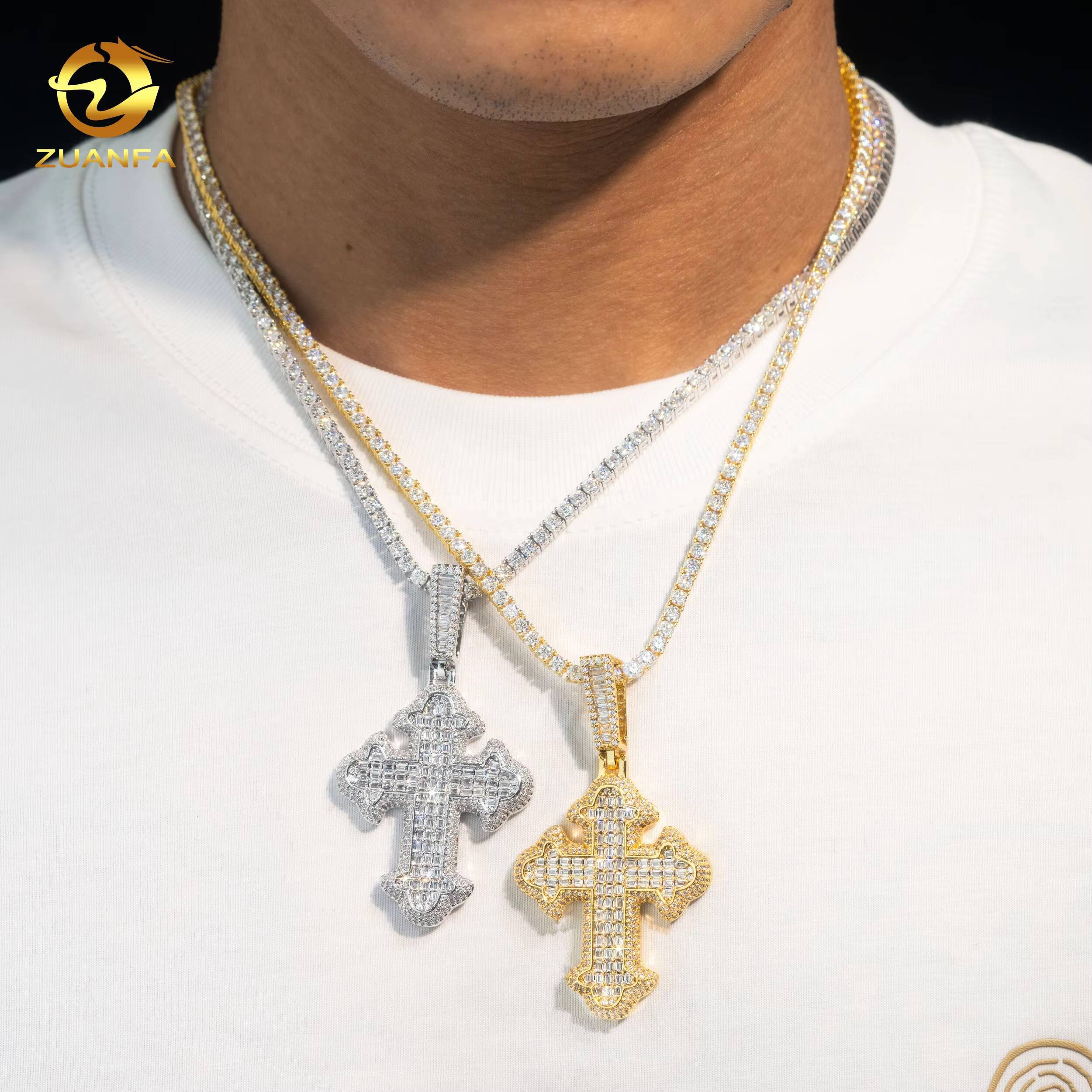 New Arrivals 925 Sterling Silver High Quality Iced Out baguette Hip Hop Lab Diamond Cross Moissanite Pendant