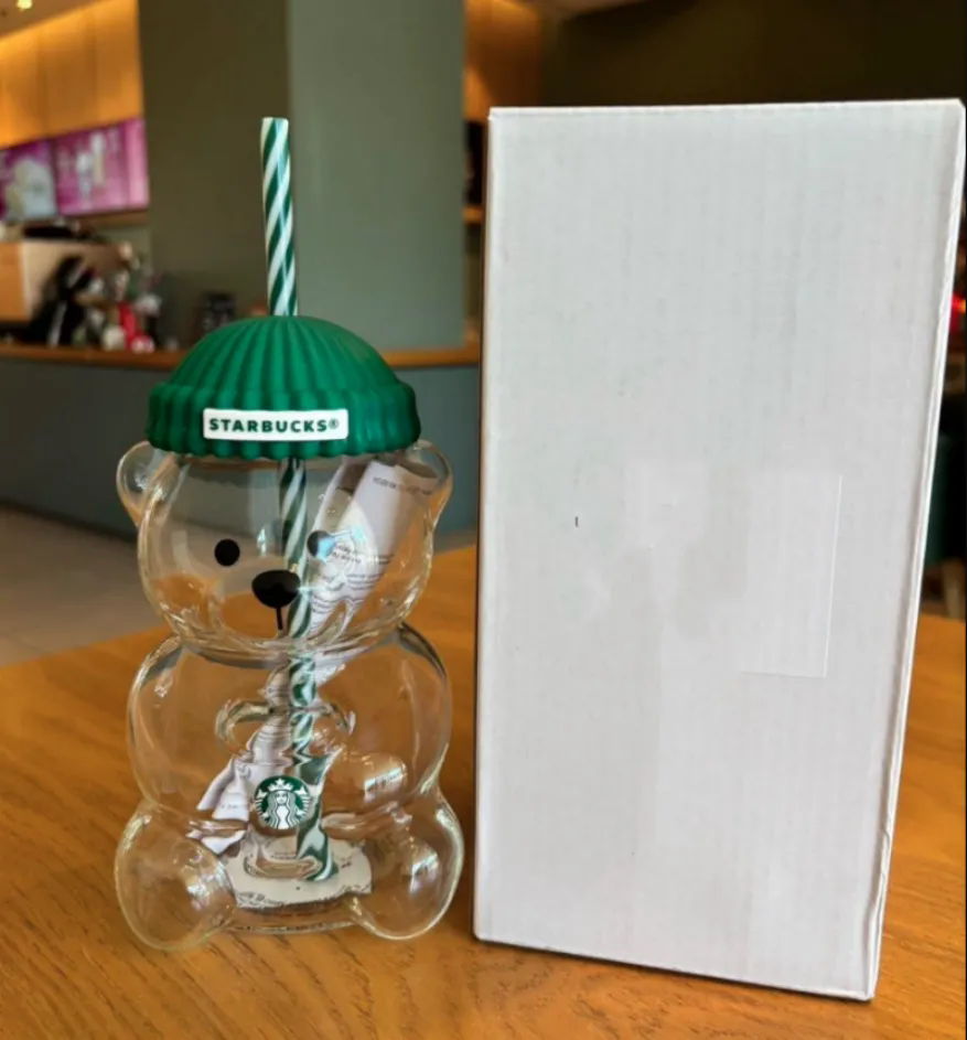 US Warehouse 20oz Glass Bear Cup Bearista Green Bear Series Limited Edition With Hat Glass Jar Cold Cup Tumbler Straw Holiday Gift Mug Valentine'