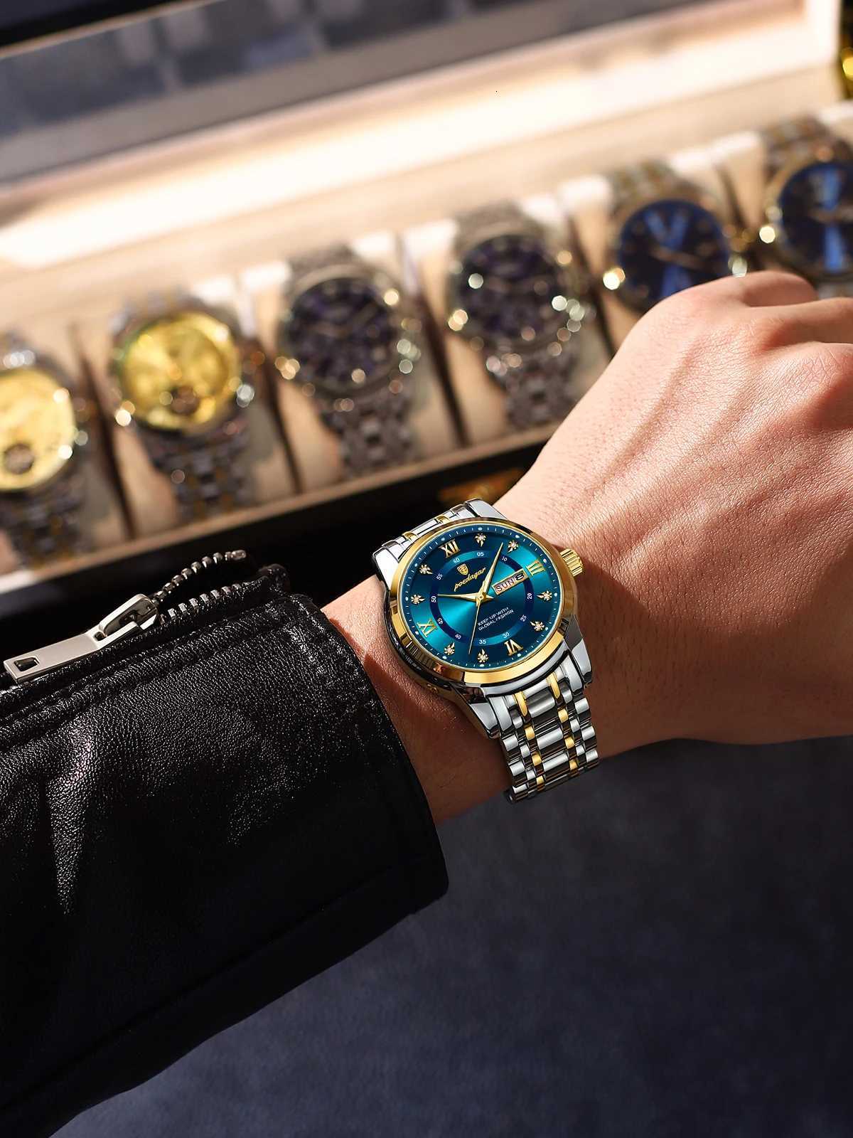 Men Water Diamond Luxury Night Glow Double Cndar Quartz Movement 41mm Blue Gold Stainl Steel Fashion Busin M251222