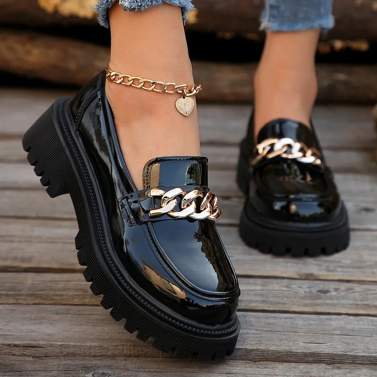 Black Thick Bottom Slip-On Loafers Womens Shoes British Style Summer Arrival Flat Heel round Toe Leather Comfortable Shoes 251219