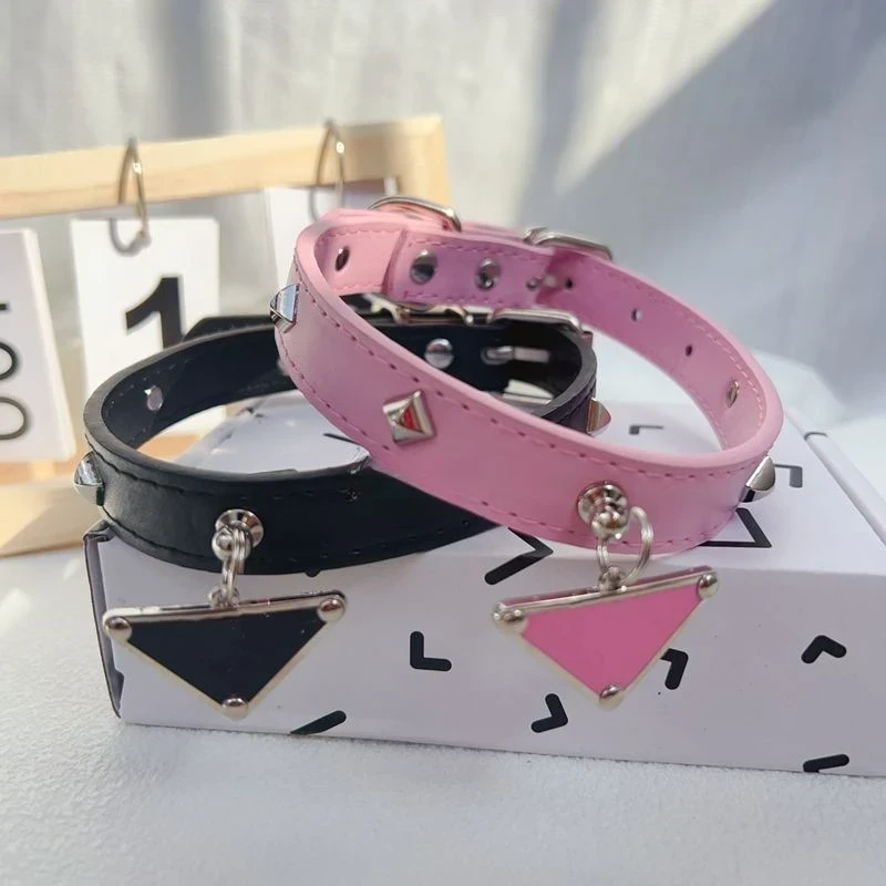 Cute luxury leather pet collar and leash set with classic triangular metal charm, suitable for dogs and cats.