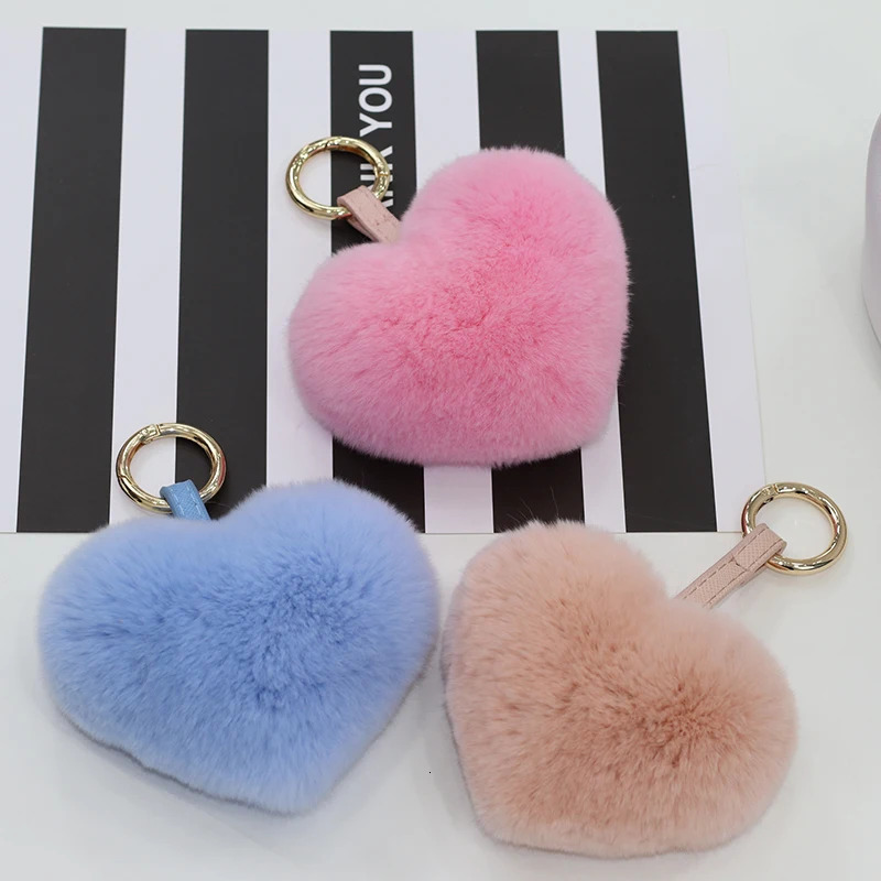 Cute Heart Keychain Real Rex Rabbit Fur Heart Bag Charm Key Chain Women Girl Bag Charms Accessory Fluffy Keyring Gifts 251209