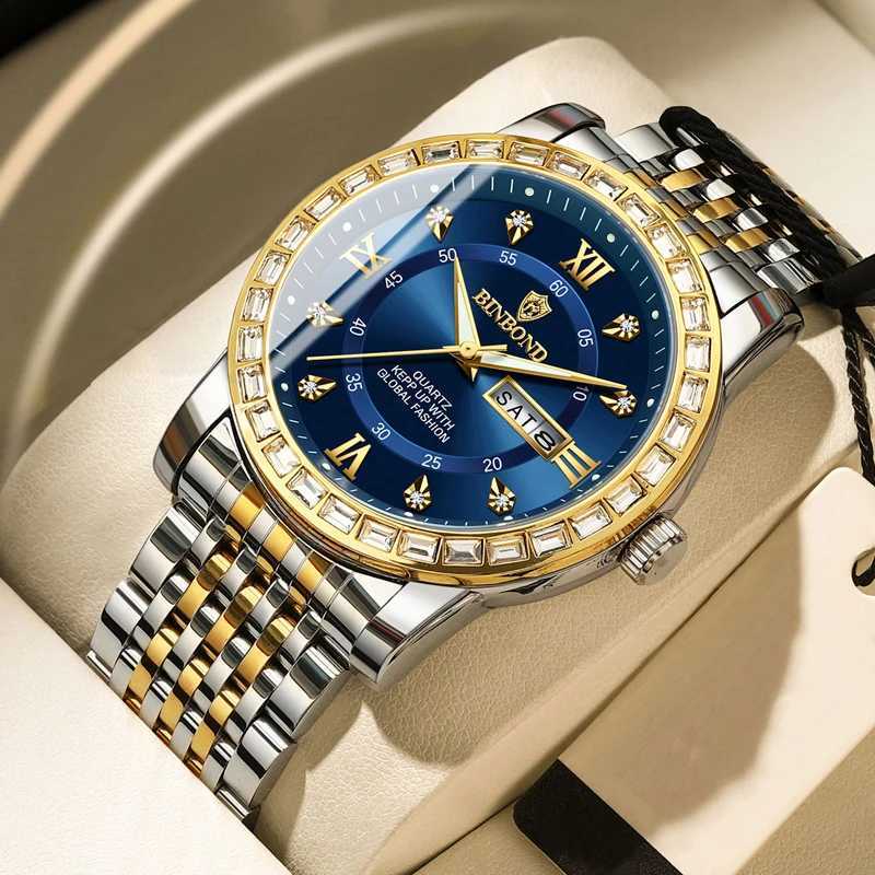 BINBOND Men Tren Busin Diamond inlaid Chinese English Dual Cndar Waterproof Luminous M Fashion Quartz es M251222