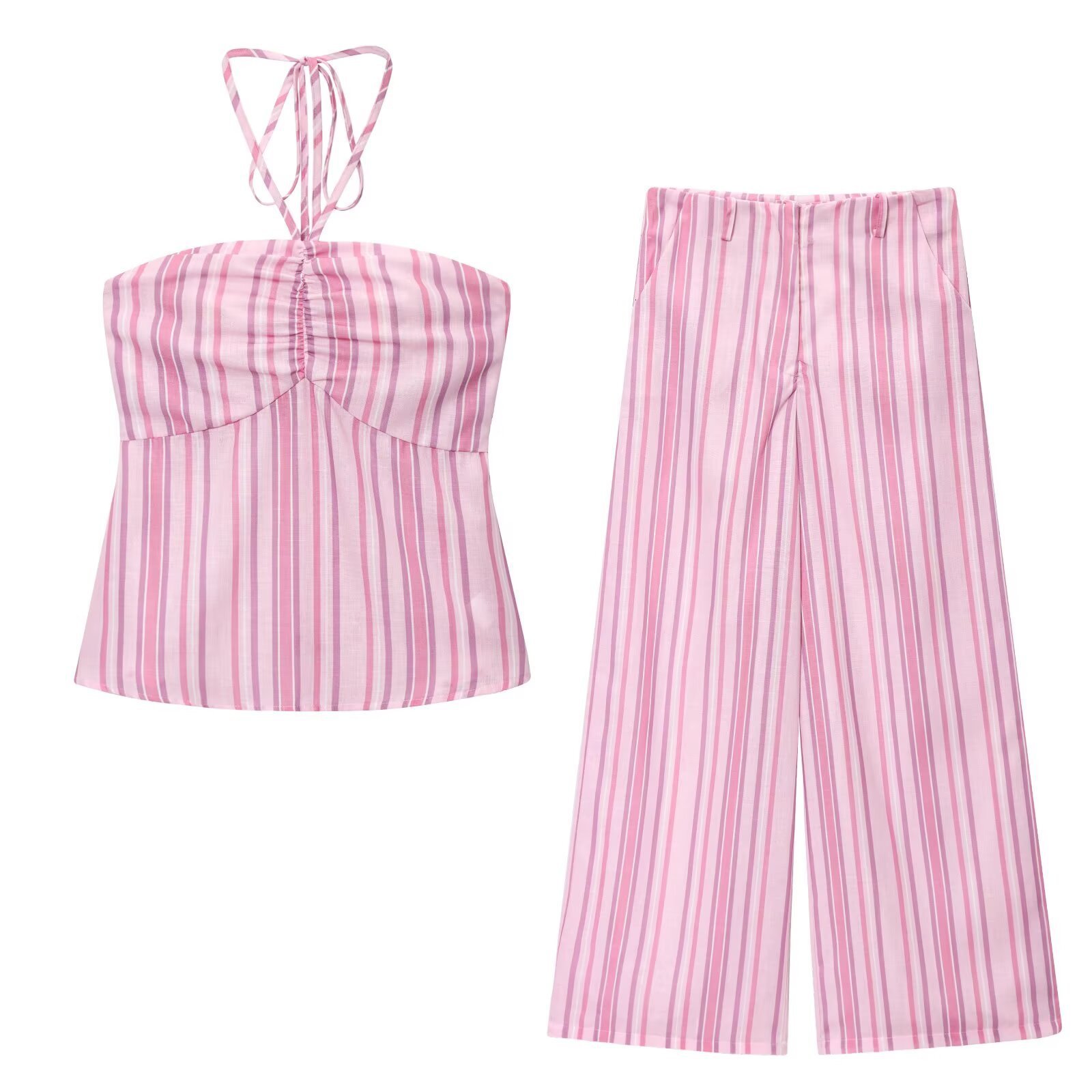 Summer Style Printed Halter Neck Top and Striped Printed Casual Pants Set 250916Z
