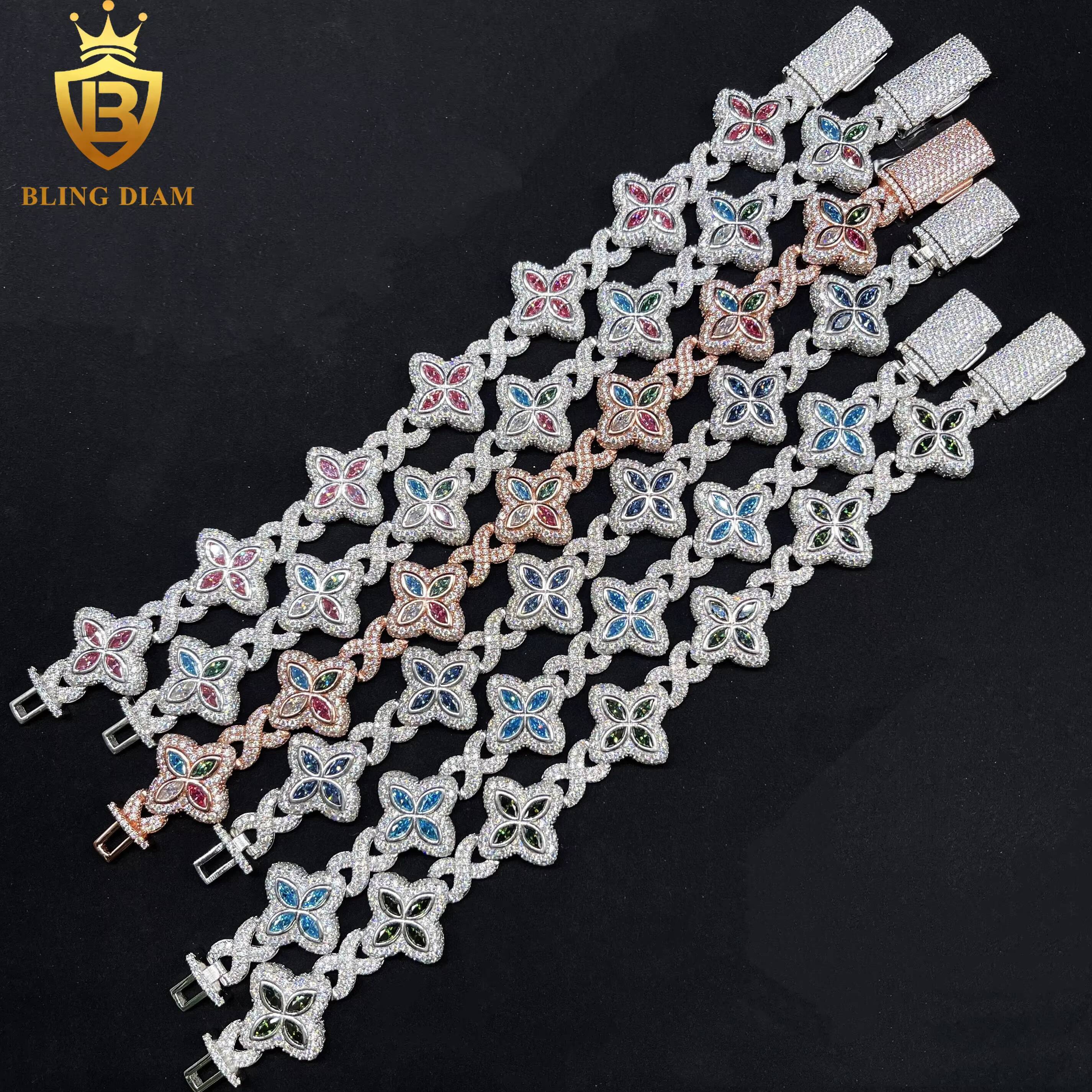 925 Sliver Jewelry 18mm Multiple Options Marquise 4 Leaf Cut Clover Flower Colorful Blue Moissanite Iced Out Bracelet