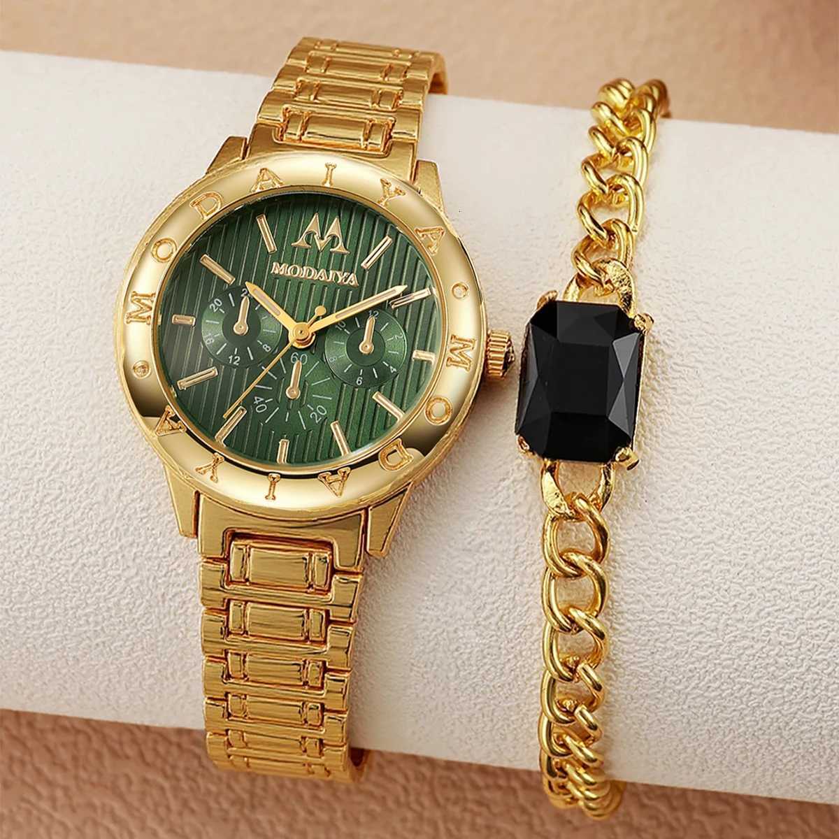 Fashion Light Luxury Tren Round Dial Alloy Str Wen Quartz Gemstone Set of 2 for Christmas and Thanksgiving M251222