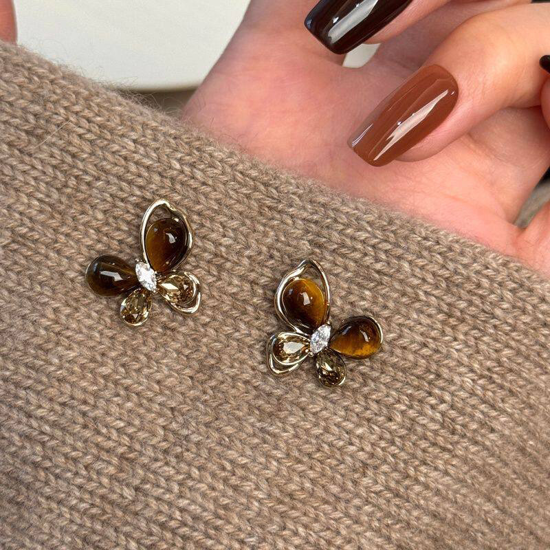 Silver Needle Zircon Tiger Eye Stone Butterfly Melad Vintage Exquisite Petite Versatile Earrings Light Luxury Niche Ear Jewelry - view 4