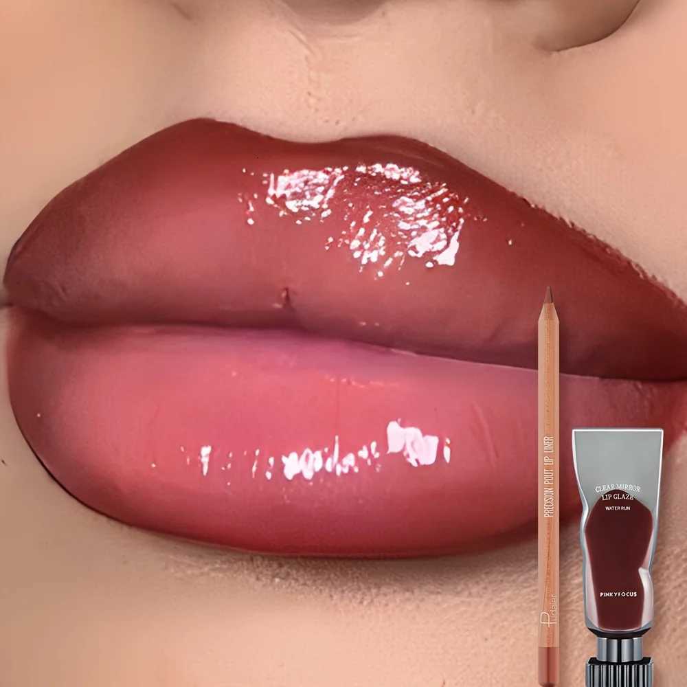 2pcs set of moisturizing and moisturizing lip gloss and durable waterproof lipliner set - high color lipstick glossy textureT251222