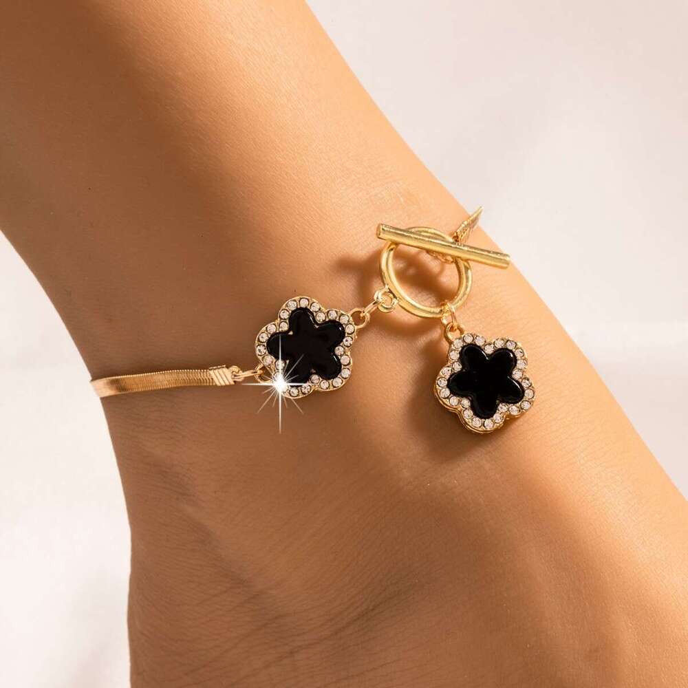 Simple Elegant Vacation Exquisite Temperament Black Rhinestone Flower Anklet High-end Versatile Women's Foot Jewelry