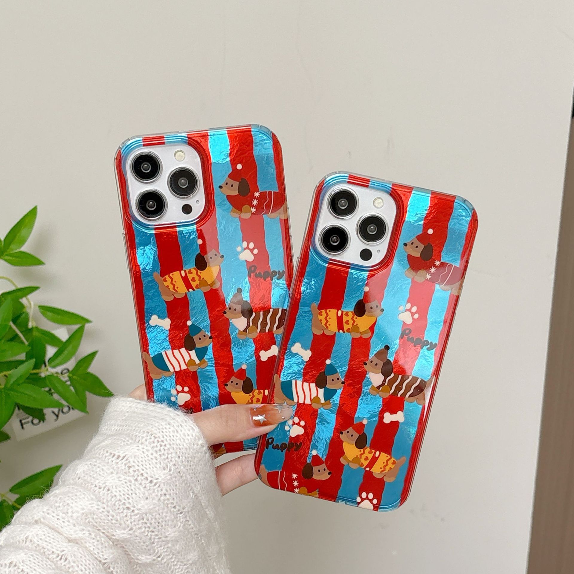 Ins Style Blue and Red Striped Dachshund Dog Case for Pro Max, Compatible with iPhone 13, Apple 15/14, Crossbody 16