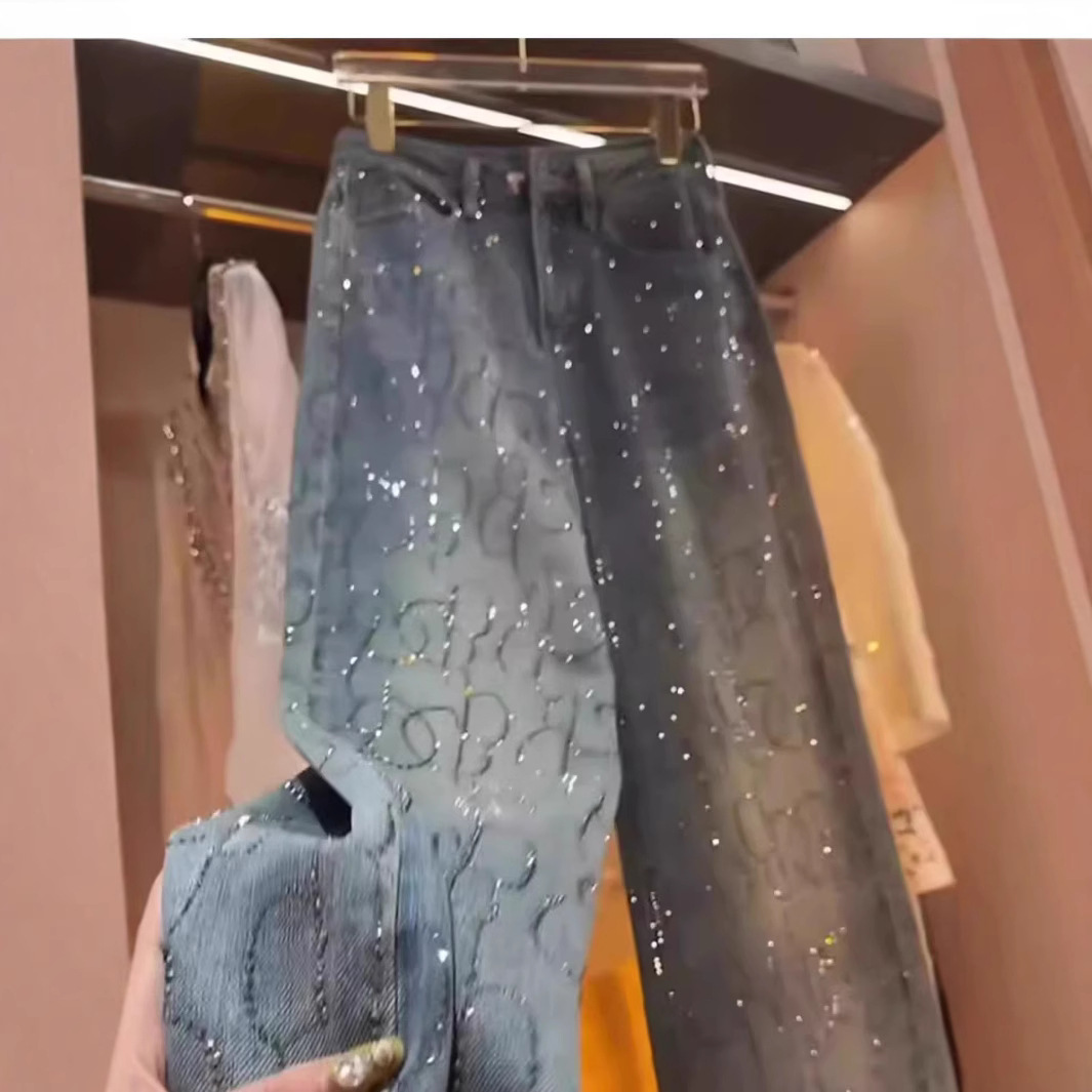 Women's Jeans Spring New Arrival Premium Heavyweight High-Waisted Slimming Straight-Leg Jeans with Blue Double-Color Hot-Fix Rhinestones