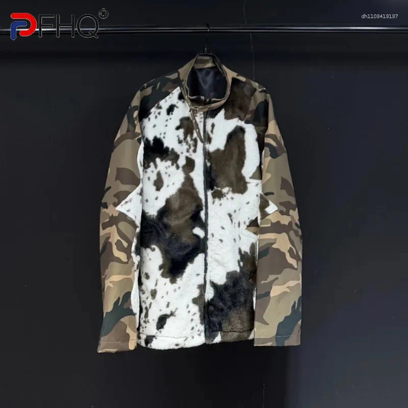Men's Jackets PFHQ Retro Camouflage Jacket Fashion Splicing Contrast Color Stand Collar Long Sleeves Causal Coats Autumn 21P1744