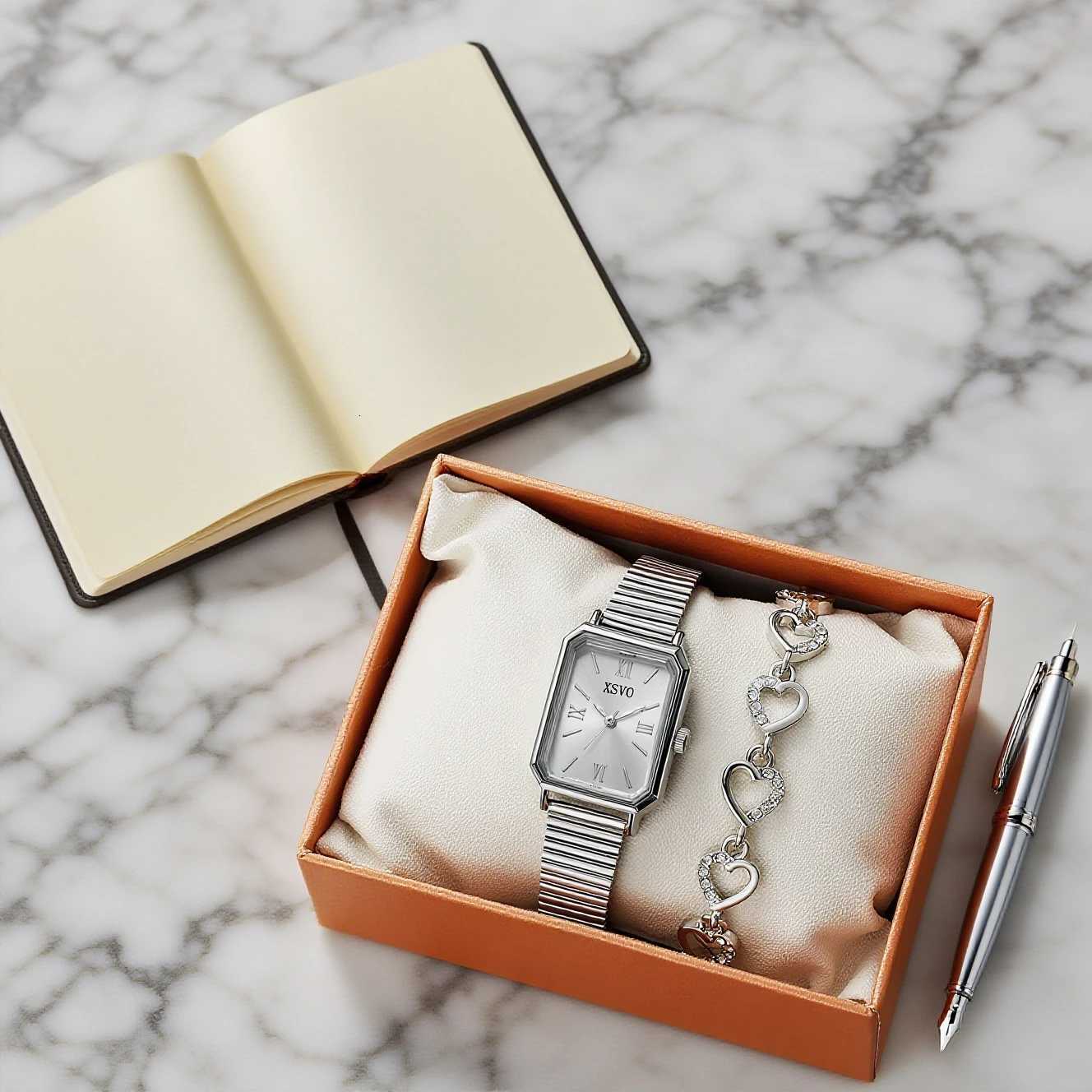 Fashionable Cpact Square Dial Alloy Str Wens Quartz Diamond 2 Piece Set for Thanksgiving Christmas G M251222