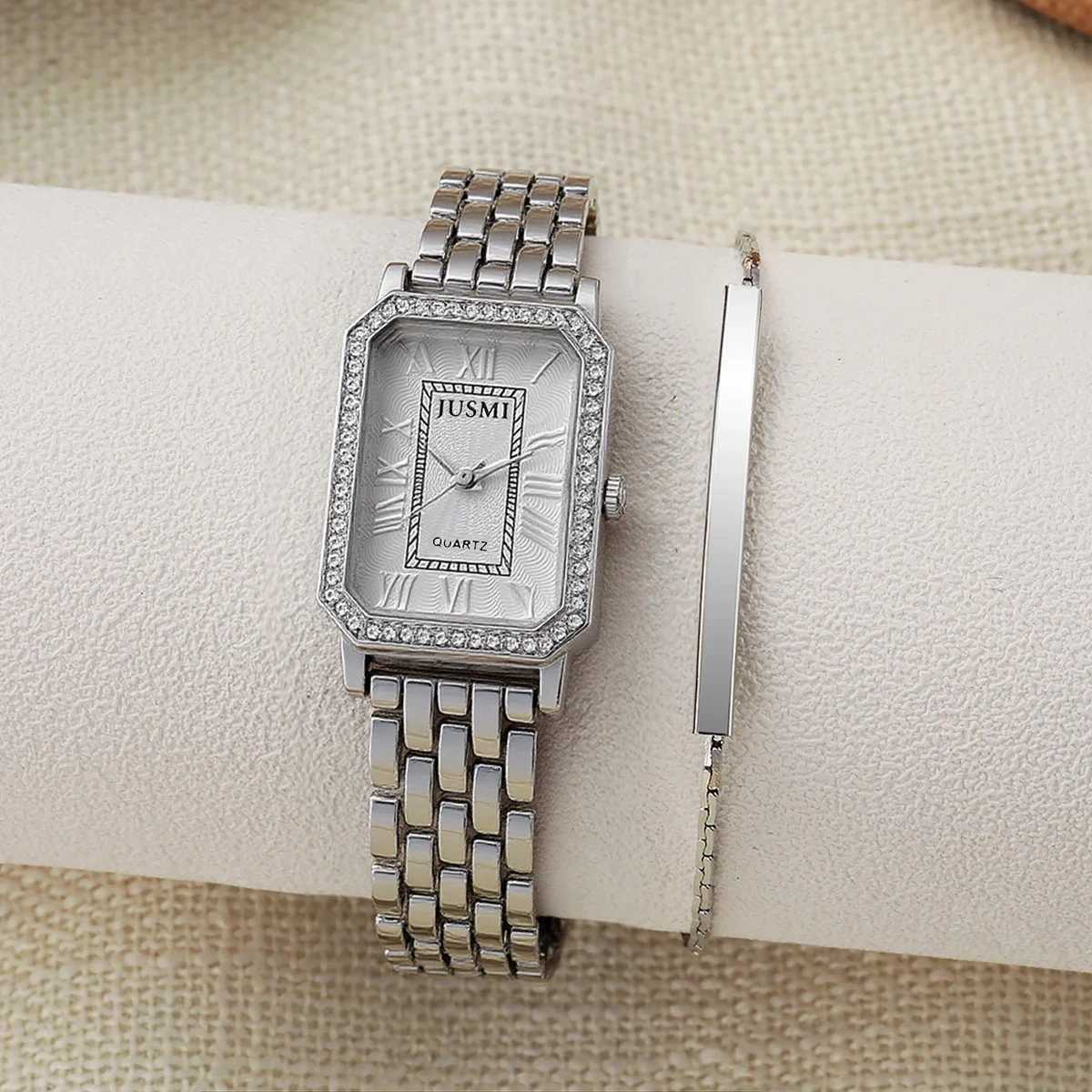 Simple and Fashionable Diamond Square Dial Ran Numerals Steel Str Wens Quartz Set Two-Piece Set for Holiday Gifts M251222