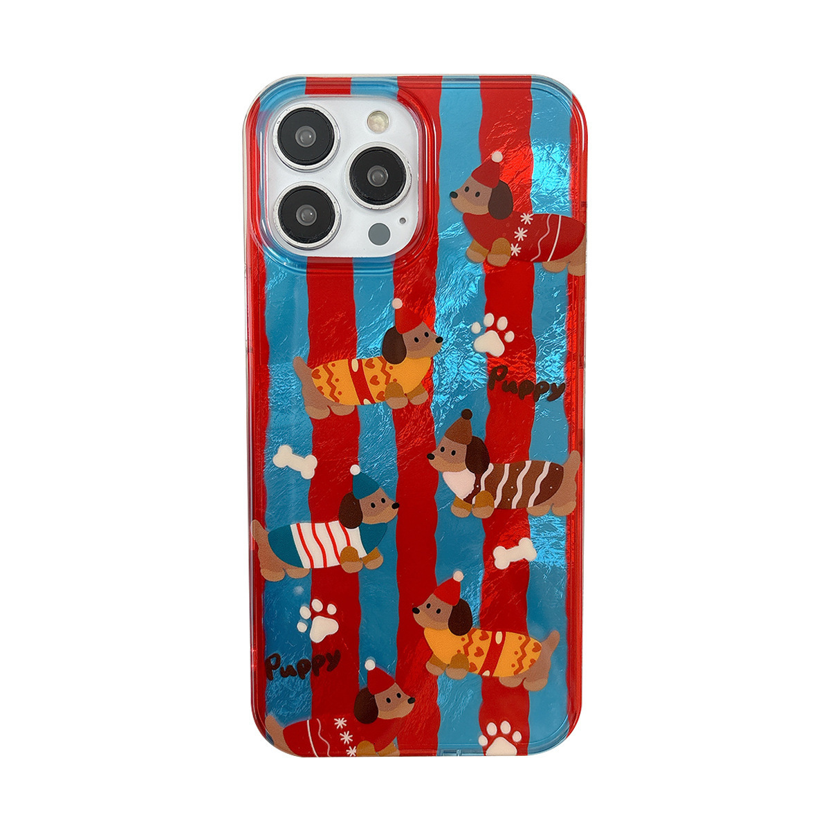 Ins Style Blue and Red Striped Dachshund Dog Case for Pro Max, Compatible with iPhone 13, Apple 15/14, Crossbody 16