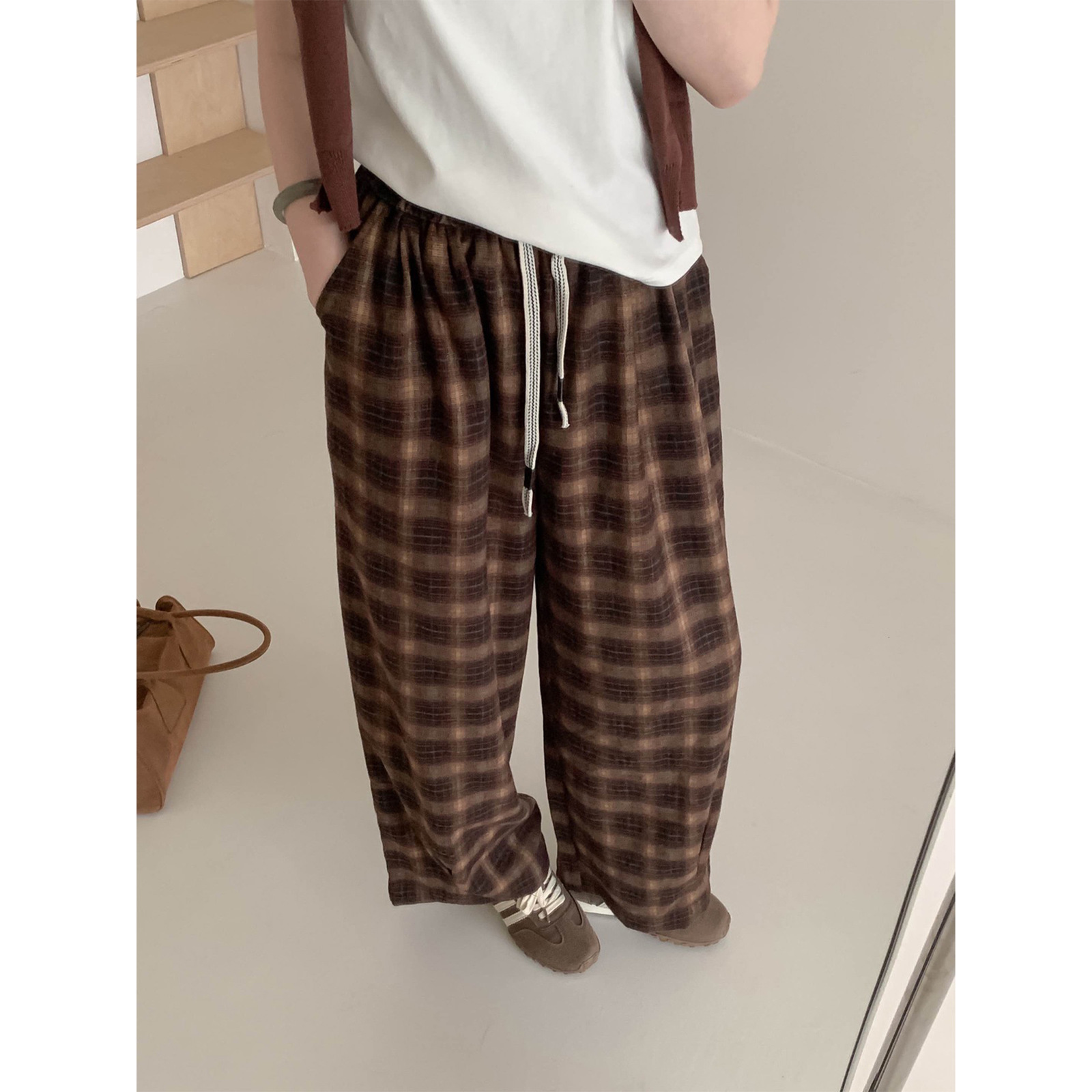 Lazy Style Brushed Plaid Casual Pants for Women Autumn WideLeg Pants Loose HighWaist FloorLength Pants ZMC1 241017