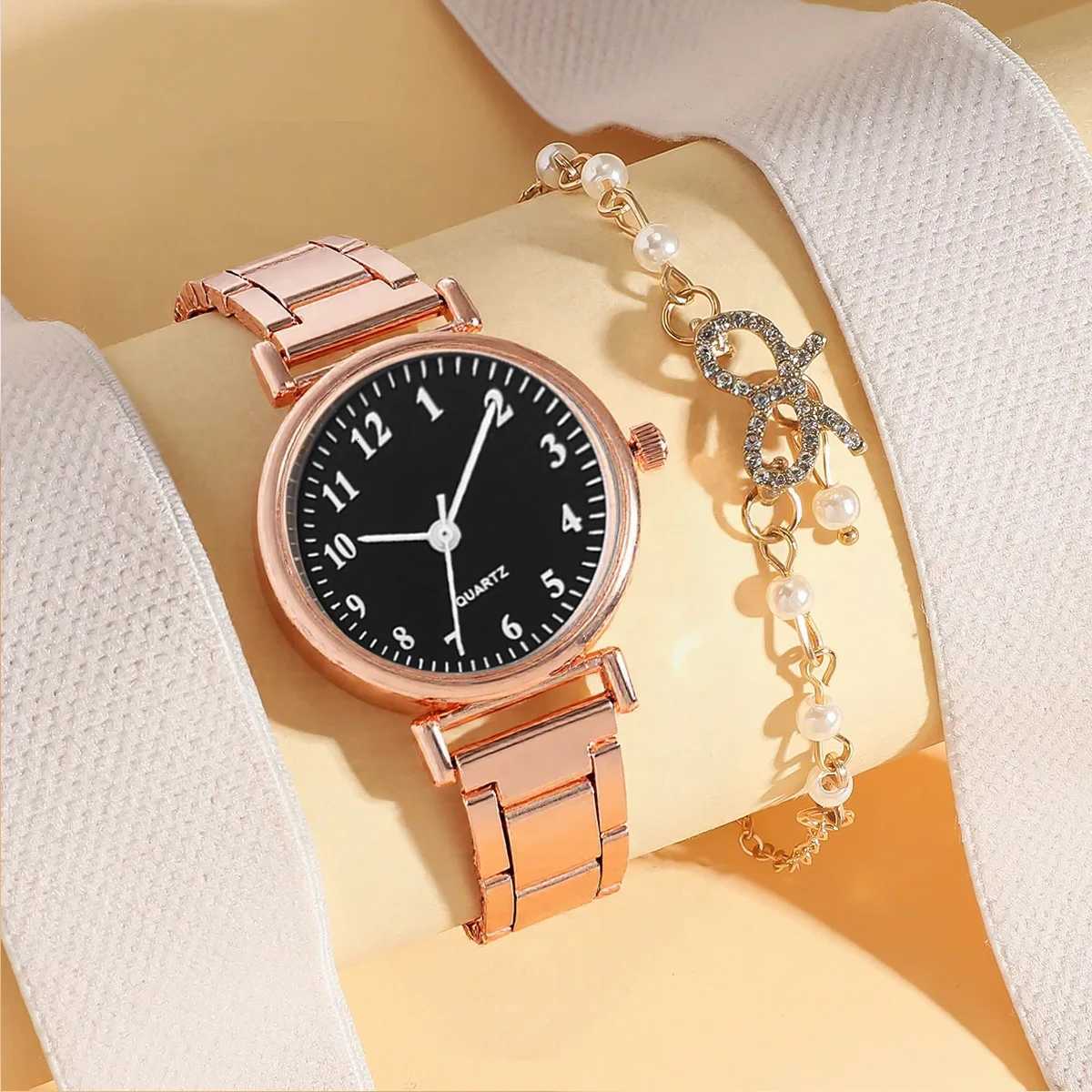 Fashionable and light luxury round dial steel band wens quartz set with diamond pearl 2 pieces suitable for d M251222