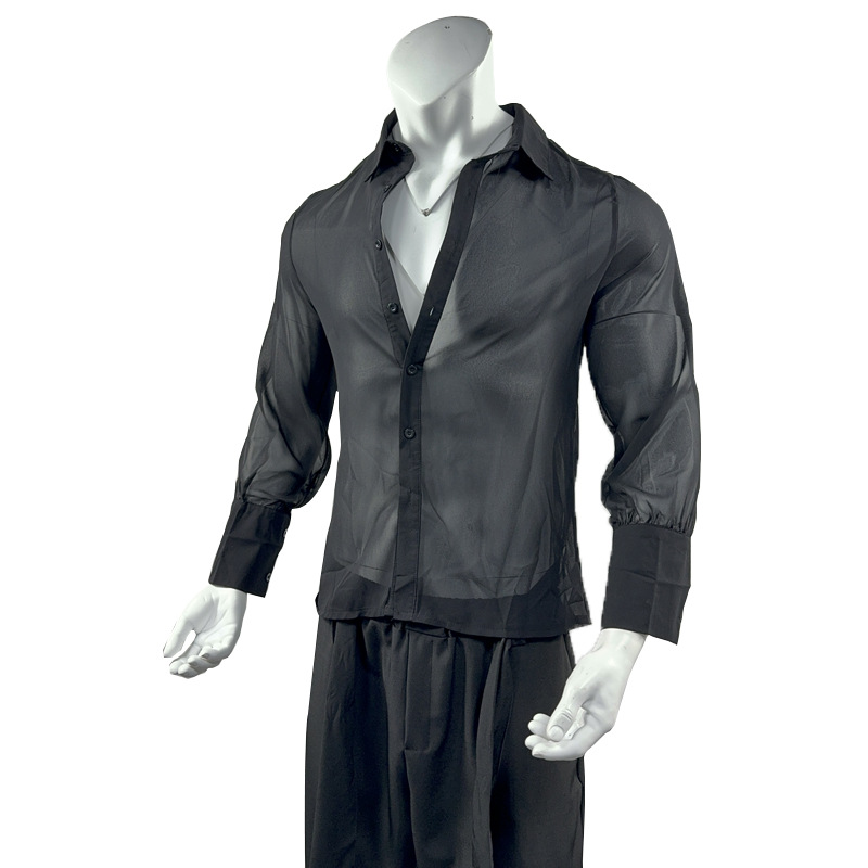 Stage Wear Men's Sexy Ultrathin Mesh Sheer T-Shirt, Sexy V-neck Long Sleeve Lapel Single-breasted Party Layering Top, Hollow-out See-through Ling