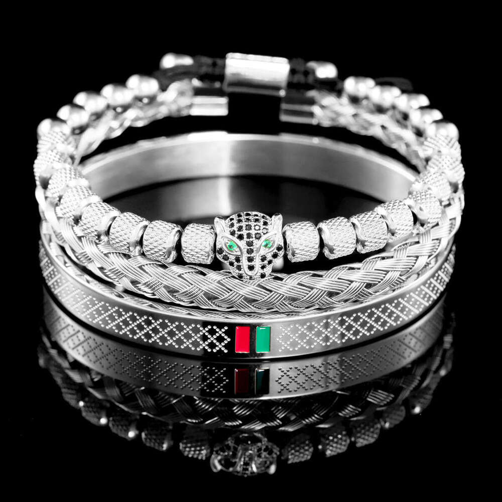 Men Women Punk Style Bracelet Set European American Hot-Selling Stainless Steel Roman Leopard Head Crown Braided Jewelry for Party Streetwear