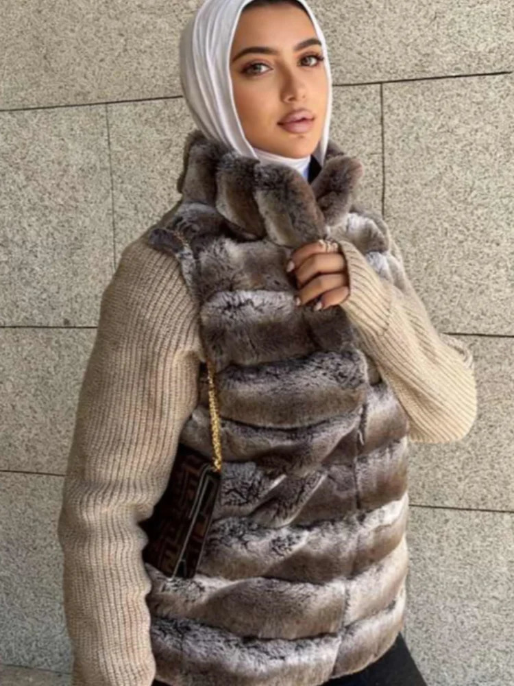 Street Faux Fur Patchwork Jacket Women Sense Long Sleeves Casual Female Coat 2025 Autumn Winter Lady Streetwear 251210