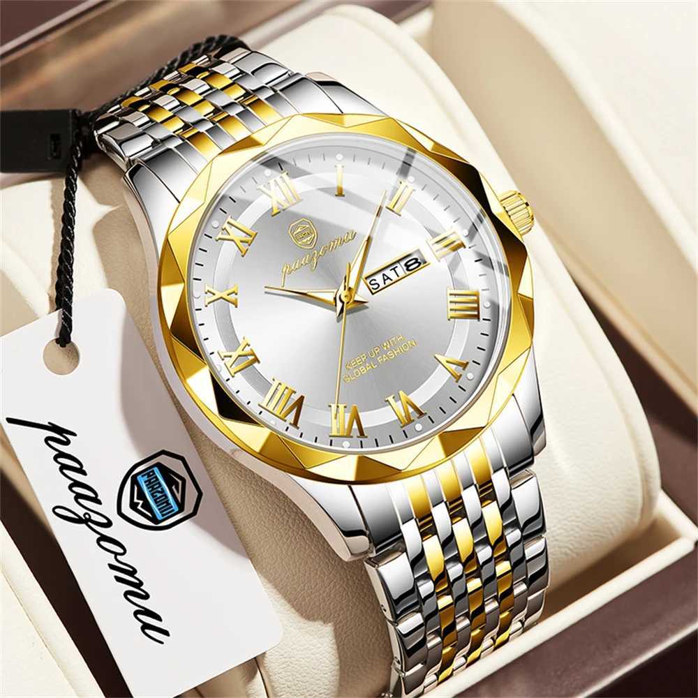 PAAZU Men High Quality Clock Waterproof Luminous Date Luxury Man Stainl Steel Quartz Mens es MBox M251222