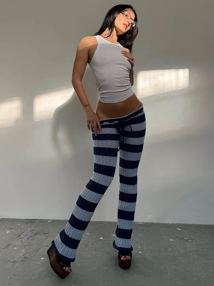 Kliou Stripe Patchwork Long Pants Woman Autumn Trend Crochet Shirring Elastic High Waist Skinny Peach Hip Street Style Bottoms 251222