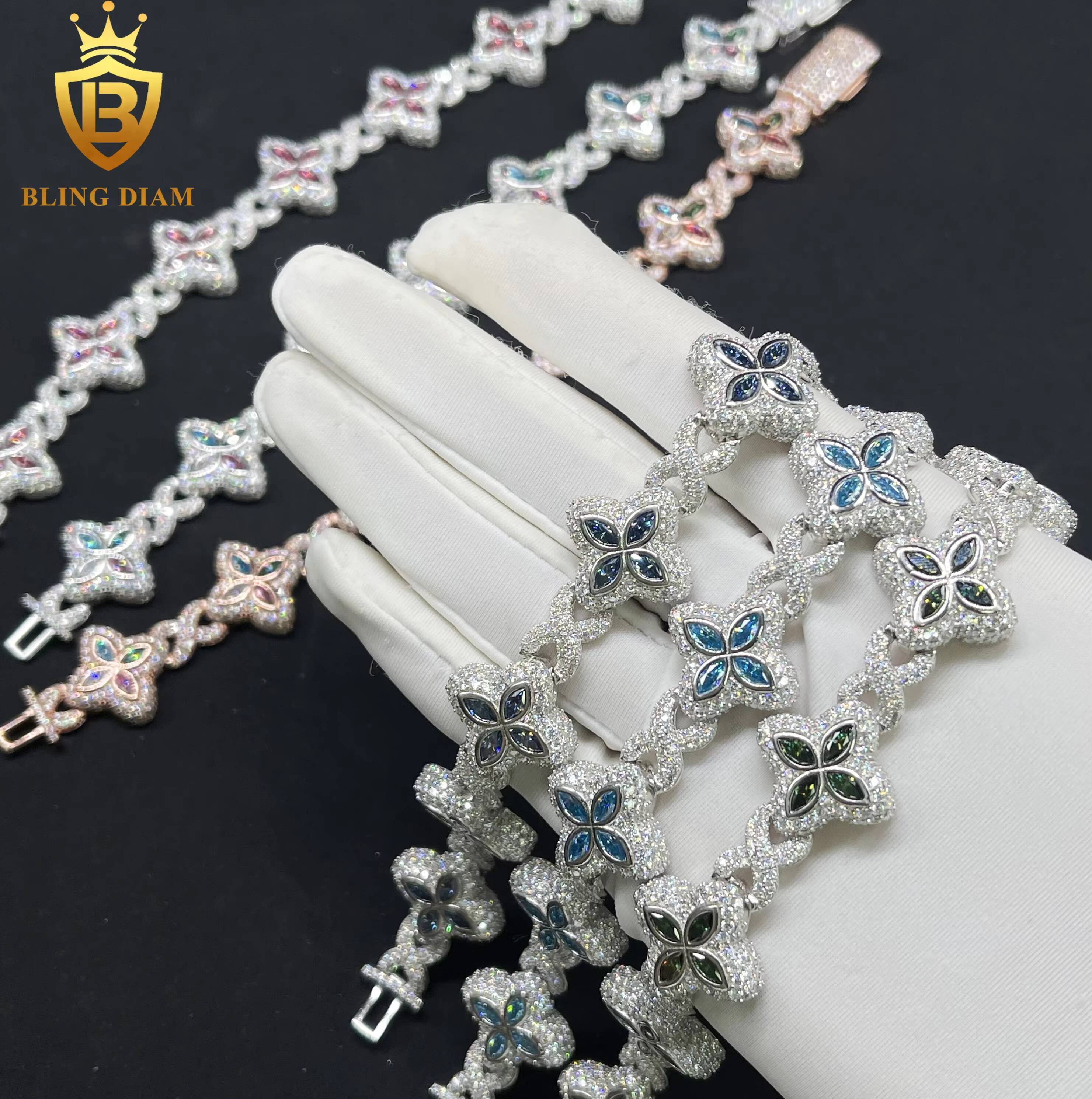 925 Sliver Jewelry 18mm Multiple Options Marquise 4 Leaf Cut Clover Flower Colorful Blue Moissanite Iced Out Bracelet