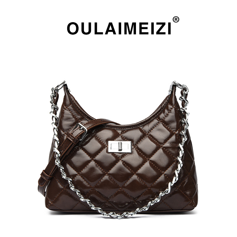 OULAIMEIZI designer bag 2025 new classic versatile casual tote bag with diamond grid chain, fashionable and trendy cross body bag for women