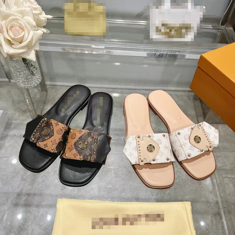 Women's Frame Flat Mule side durable Leather outsole Circle signature casual-chic style wide front strap gold-tone Beach slippers lock it mule 12.03 01