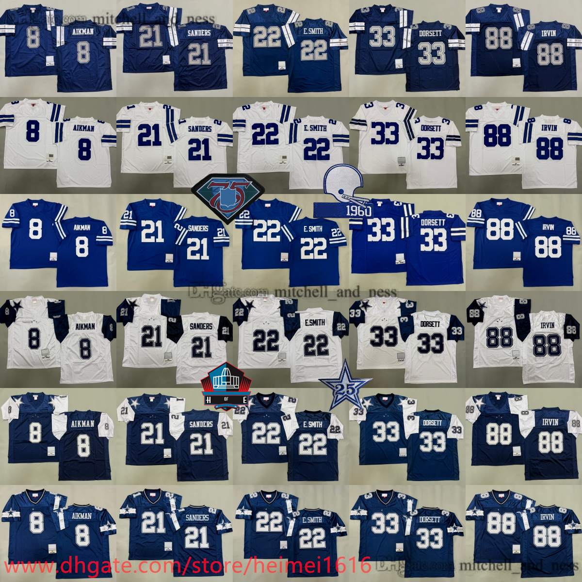 1995 Throwback M&N Football 21 Deion Sanders Jersey Classic Retro 88 Michael Irvin 8 Troy Aikman 22 Emmitt Smith Tony Dorsett Roger Staubach Randy White Demarcus Ware