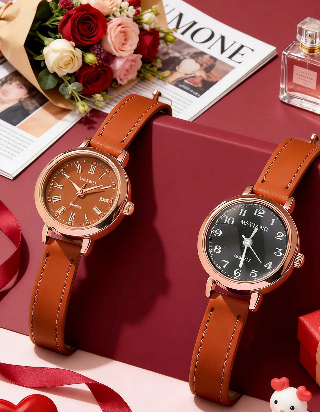 Wens Quartz Set of Two Rose Gold Case Brown Leather Str Dual-Style Dials Fashionable Ladies es M251222