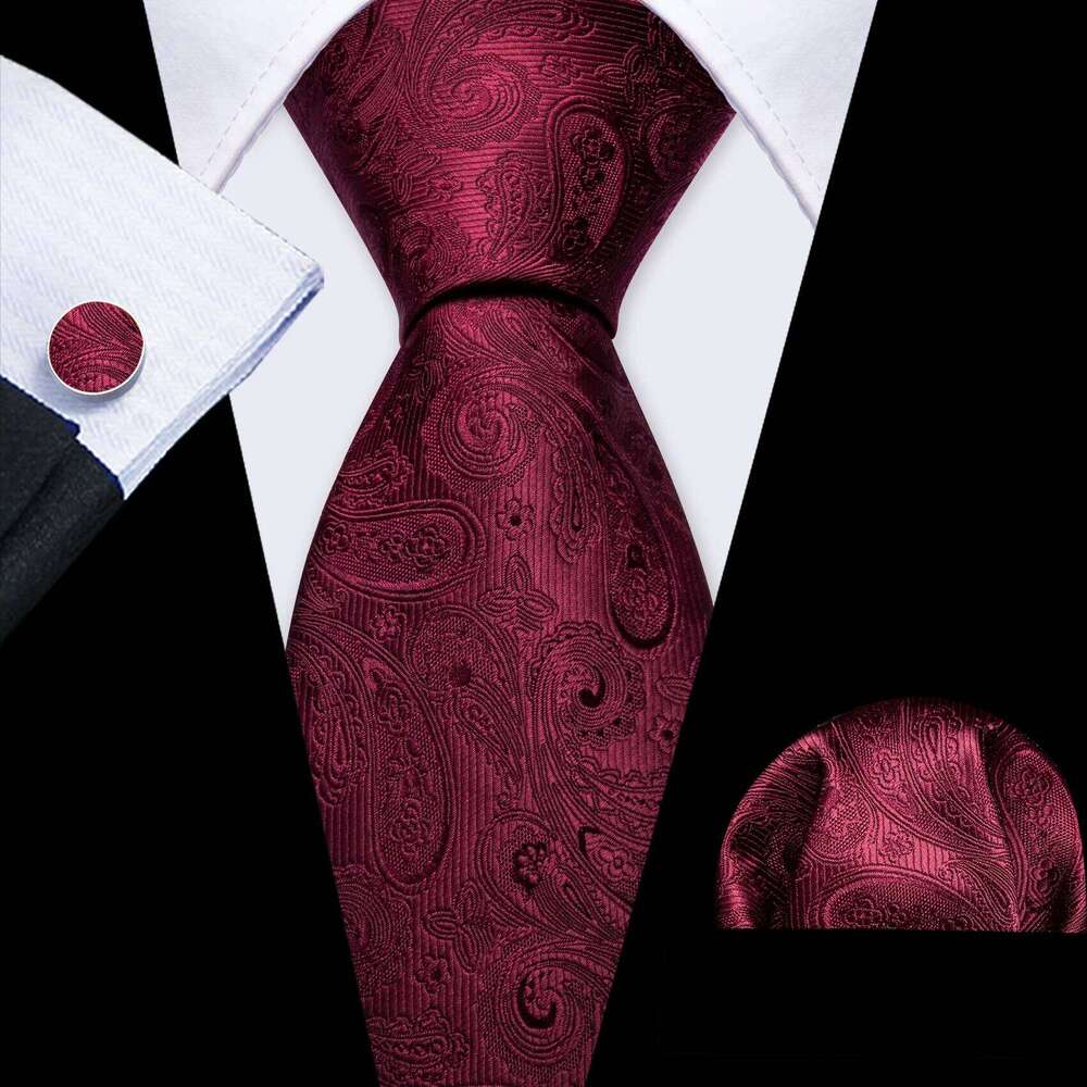 Barry.Wang Burgundy Silk Mens Tie Hanky Cufflinks Brooch Set Jacquard Red Wine Maroon Necktie Collar Pin For Male Wedding Events 25H1222