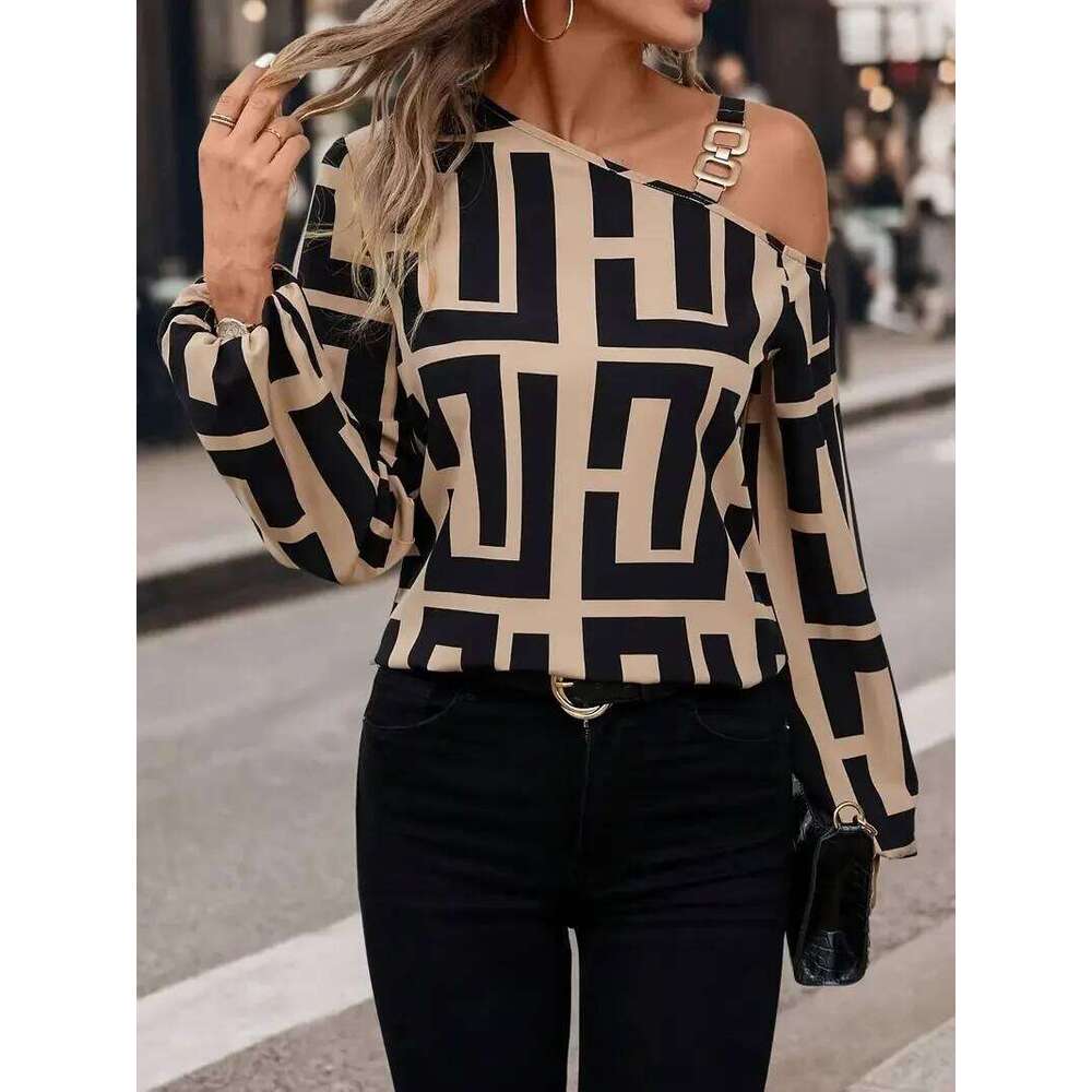 Elegant Geometric Printed Women's Blouse Spring 2025 New Product Slant Neck Off Shoulder Long Sleeve Hoodie Casual Shirt Ladies