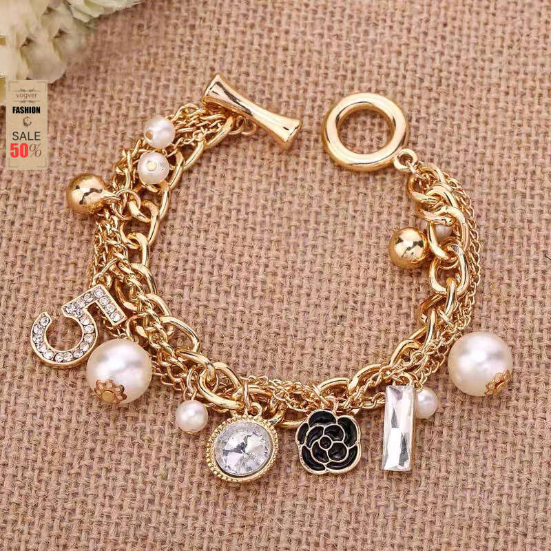 European American Heavy Metal Chain Multi-layer Small Flower Number 5 Bracelet Women Korean Style Handmade Daily Wear Jewelry