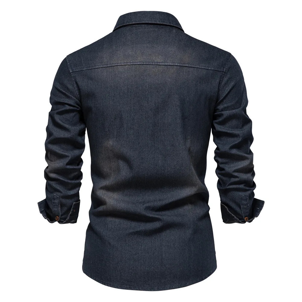 Elastic Cotton Denim Shirt High Quality Men Long Sleeve Solid Color Pocket Shirts for Casual Slim Fit Mens Clothing 251211