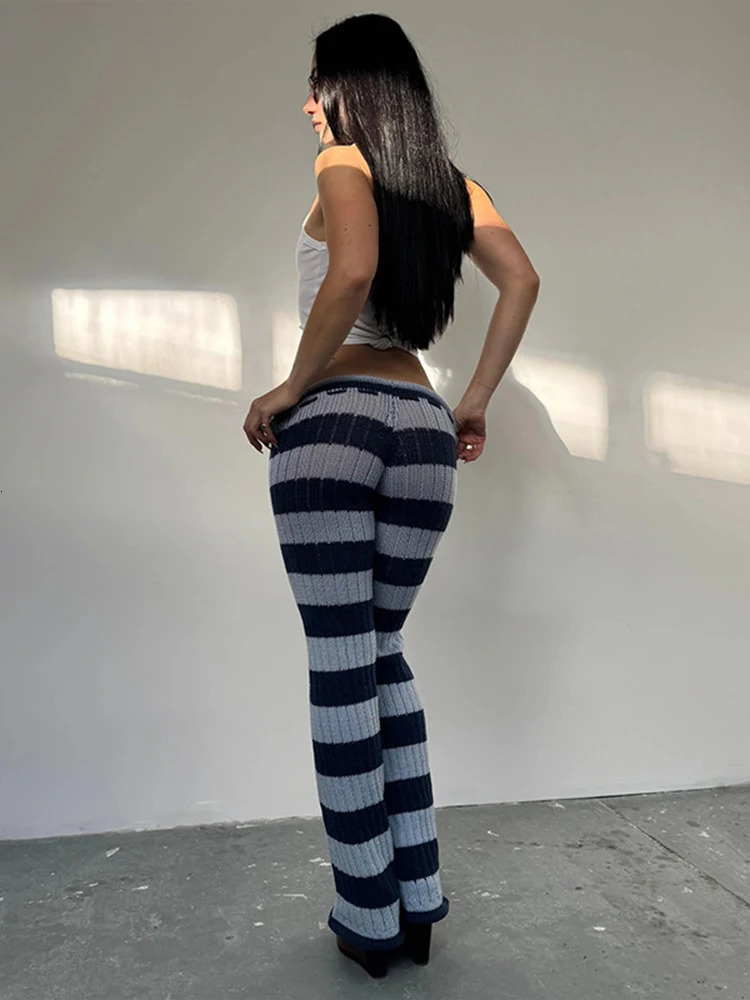 Kliou Stripe Patchwork Long Pants Woman Autumn Trend Crochet Shirring Elastic High Waist Skinny Peach Hip Street Style Bottoms 251222