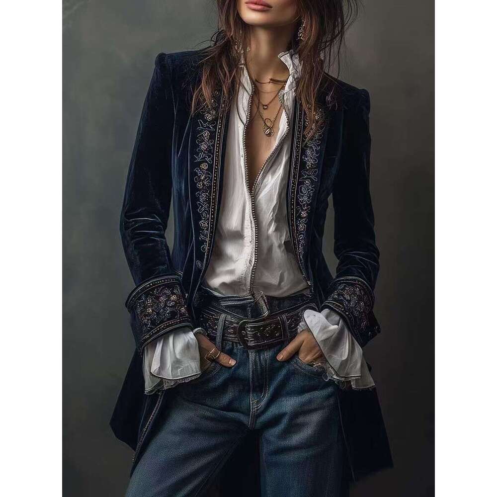 2025 Cross-Border European and American Women's Fashion Long Sleeve Solid Color Patchwork Lace Velvet Jacket