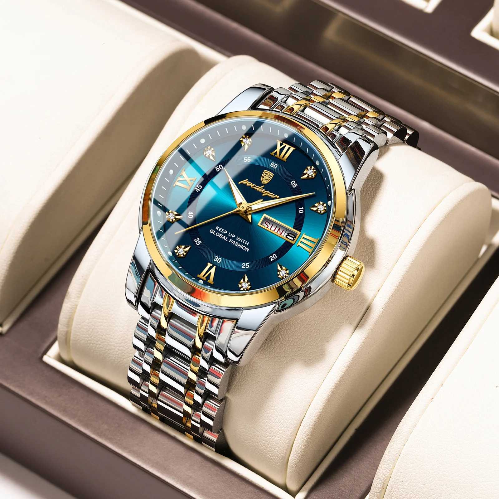 Men Water Diamond Luxury Night Glow Double Cndar Quartz Movement 41mm Blue Gold Stainl Steel Fashion Busin M251222