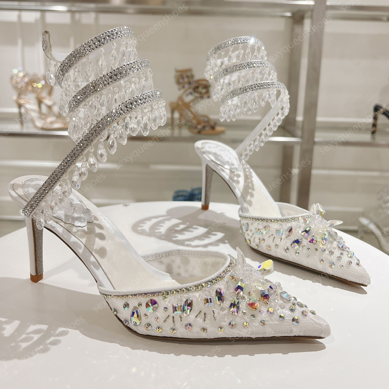 RENE fashion crystal sandals women high heel luxury designer shoes rhinestone snake shaped wrapped ankle strap slingbacks casual party white wedding shoe size 34-43
