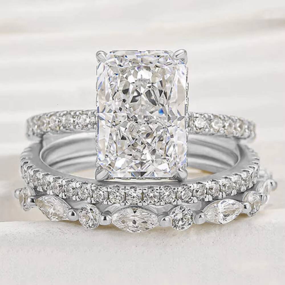 S925 Sterling Silver Luxury European Style Ring Set Ice Flower Cut Moissanite VVS Wedding Occasion Cross-Border Hot Gift for Women