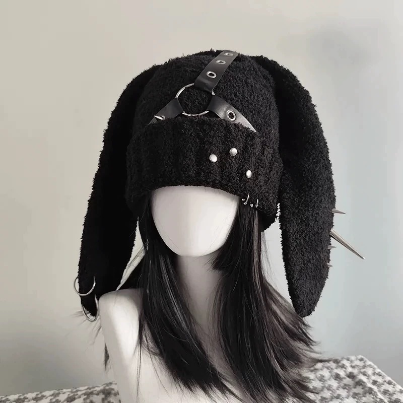 Rabbit Ears Autumn Winter Rivet Leather Buckle Round Ring Black Knitted Wool Hat Subculture Y2K Punk Hat