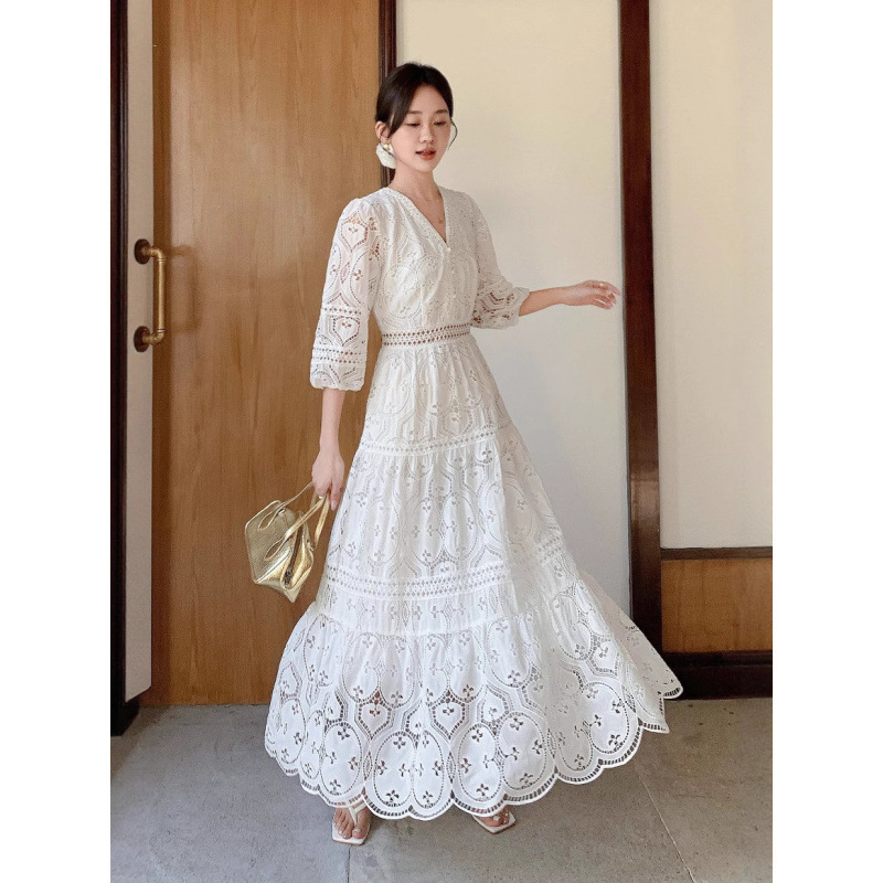 Women Sexy Deep V-Neck Layers Ruffles Party Long Dress self portrait Spring Hollow Out Lace Sleeve Maxi Cake 210520