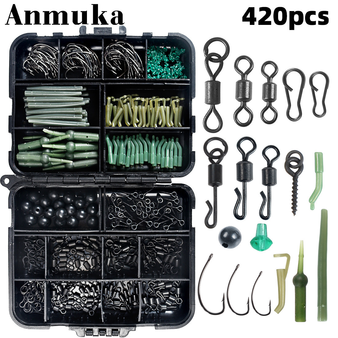 420 Pieces European Fishing Kit European Style Carp Fishing Accessories Set Fish Hooks Stop Beans Swivels Fishing Gear