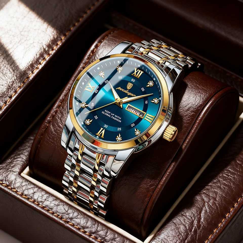 POEDAGAR Luxury Busin Man Wrist Waterproof Luminous Stainl Steel Men Date Week Fashion Quartz Mens esBox M251222