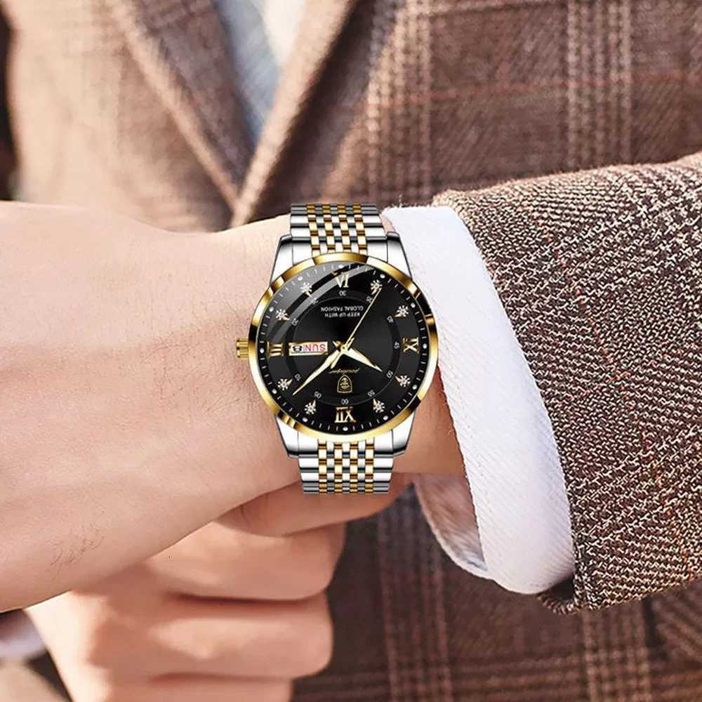 POEDAGAR Men es Stainl Steel Push Button Hidden Clasp Week Date Waterproof Luminous Top Brand Luxury Quartz Wrist M251222